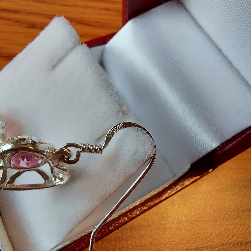 SS 925 Dangle Heart Earrings w/Pink Cz 1", GC. - Picture 8 of 8